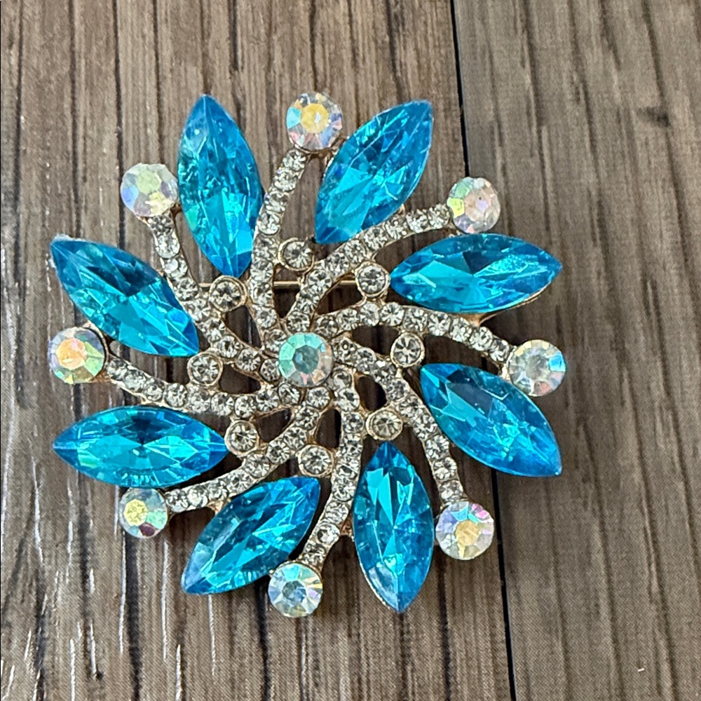 Blue Crystal Floral Statement Brooch - Sparkling Costume Jewelry